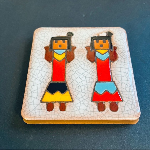 2 ARIUS Santa Fe Pottery Art Tiles 4” Southwest Hopi Native American Sun God Yei - Picture 3 of 13